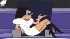 an animated image of a woman sitting in a chair with her legs crossed and wearing sunglasses