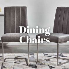 two grey chairs sitting on top of a rug in front of a white wall with the words dining chairs