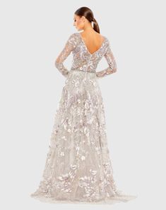 Long Sleeve Beaded Applique Gown – Mac Duggal Embellished Long Sleeve Ball Gown For Prom, Embellished Long Sleeve Ball Gown For Debutante Ball, Glamorous Embellished Floor-length Skirt, Silver Embellished Long Sleeve Gown, Luxury Long-sleeved Dress With Crystal Embellishments, Mac Duggal, Ball Gown Skirt, Beaded Applique, Hem Style