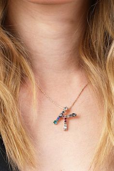 -Multi Colored Rhinestone Initial Necklace - Zinc, Glass stone - Size Approx. 18" Long, 3" Extension / Pendant 1"x 0.75" Bossier City Louisiana, Rhinestone Letters, Letter Necklace, Initial Letters, Metal Necklaces, Initial Necklace, Multi Colored, Cross Necklace, Initials