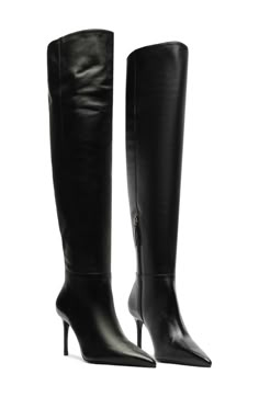 Dial up the drama of your look with an over-the-knee boot featuring a pointy toe and lofty stiletto heel. 3 1/2" heel (size 8.5) 22" shaft; 15 1/4" calf circumference Leather upper/synthetic lining/leather sole Made in Brazil Luxury Black Knee-high Boots, Black Knee-high Boots With Sculpted Heel, Luxury Black Modern Knee-high Boots, Luxury Black Leather Knee-high Boots, Luxury Black Knee-high Boots With Sculpted Heel, Women Heel, Women Heel Boots, Luxury Boots, Couple Games