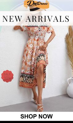 Bohemian Short Sleeve V-neck Midi Dress Non-stretch Bohemian V-neck Maxi Dress, Bohemian Non-stretch Floral Print Dress, Bohemian Non-stretch Short Sleeve Maxi Dress, Non-stretch Bohemian Maxi Dress, Casual Printed Boho Midi Dress, Boho Print Short Sleeve Midi Dress For Vacation, Short Sleeve Boho Print Midi Dress For Vacation, Bohemian Floral Print V-neck Summer Dress, Orange Bohemian Boho Dress With Floral Print