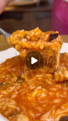 a person holding a spoon full of macaroni and cheese on a white plate