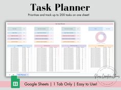 the google spreadsheet task planner is shown with text that reads,'task planner prioritizes and track up to 200 tasks on one sheet