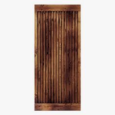 a wooden door with vertical slats on the top and bottom paneled in wood