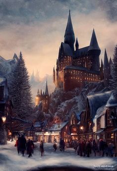 a painting of hogwarts castle at night with people walking in the foreground