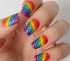 10 Rainbow Nail Designs That Show You're Out And Proud Rainbow Glitter Nails, Rainbow Nails Design, Rainbow Nail Art, Rainbow Nail, Nagellack Trends, Nail Art Pictures, Unicorn Nails, Holiday Nail Art, Diy Nail Art