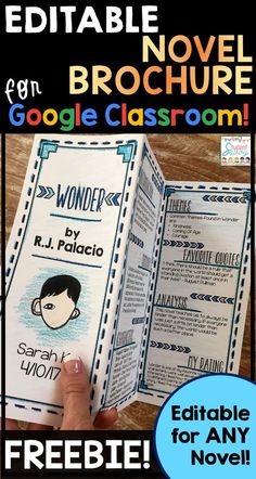 the editable novel brochure for google classroom is displayed in front of an image