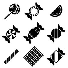 various candies and lollipops icon set in black on an isolated background