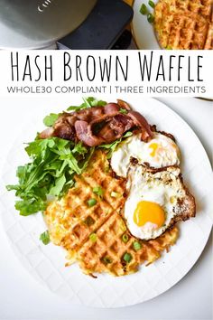 hash brown waffles with eggs and bacon on top are the perfect way to start your day off right now