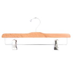 a wooden and metal hanger with two clips attached to it on a white background