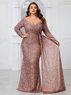 Yisikado Ladies' Plus Size Glitter Off Shoulder Long Sleeve Elegant Sexy Dress For Evening Party-FMGW480-1 Elegant Formal Dresses Classy, Dress For Evening Party, Affordable Formal Dresses, Dress For Evening, African Lace Dresses, Plus Size Formal, Evening Dress Floor Length, Dresses Formal Elegant, Plus Size Formal Dresses