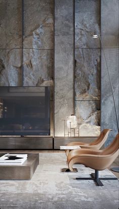 a modern living room with marble walls and furniture