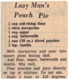 an old newspaper clipping with instructions for how to make a homemade peach pie recipe