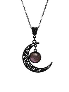 PRICES MAY VARY. GOTHIC BLACK CRESCENT MOON NECKLACE: The Black Crescent Moon Necklace is a versatile and stylish piece of jewelry that is perfect for those who love gothic fashion. It's suitable for everyday wear, as well as for special events and parties, making it a great addition to any wardrobe MATERIALS: Meticulously crafted from high-quality zinc alloy, titanium steel and glass SIZE & LENGTH: The Black Moon Pendant measures 1.29 inches in width, 1.45 inches in length. Purple Glass Teardro Black Witchy Necklace For Gift, Adjustable Black Moon Charm Necklace, Black Moon Charm Jewelry For Party, Mystical Black Necklace For Gift, Mystical Black Jewelry Gift, Black Moon Shaped Jewelry For Halloween, Mystical Black Jewelry For Gifts, Black Moon-shaped Jewelry For Halloween, Black Metal Jewelry With Moon Charm