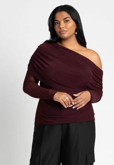 Foldover Drape Top | Eloquii Fitted Blouse With Asymmetrical Neckline For Fall, Formal Off-shoulder Tops For Fall, Stretch Blouse With Asymmetrical Neckline For Night Out, Stretch Off-shoulder Tops With Mesh Sleeves, Stretch Mesh Sleeve Off-shoulder Top, Elegant Stretch One Shoulder Top With Long Sleeves, Elegant One Shoulder Long Sleeve Top With Stretch, Elegant One Shoulder Long Sleeve Top, Formal Tops With Sheer Sleeves And Stretch