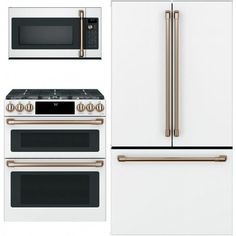 an oven, microwave, and refrigerator are shown in this image with gold trimmings