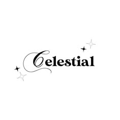 the word celestial written in black ink on a white background with some stars around it