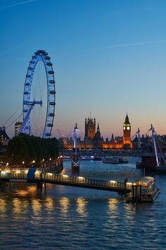 the london eye is lit up at night