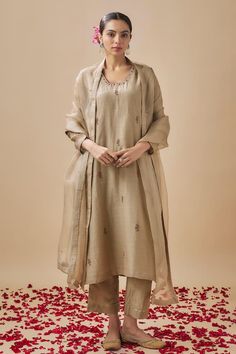 Grey straight kurta with floral embroidery. Paired with a pant and dupatta. - Aza Fashions Elegant Unstitched Slub Silk Suit With Embroidered Border, Elegant Linen Straight Kurta Sets, Elegant Linen Set With Resham Embroidery, Elegant Linen Sets For Eid, Festive Beige Set With Embroidered Border, Elegant Linen Kurta With Resham Embroidery, Intricate Embroidery Palazzo Set In Raw Silk, Festive Beige Palazzo Set With Floral Embroidery, Elegant Embroidered Linen Sets