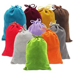 six colors of velvet drawsacks with ties on each side and one in the middle