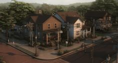 an artist's rendering of a street corner with houses and trees in the background