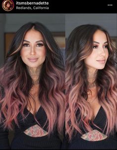 Rose Gold Dark Roots, Dark Brown And Rose Gold Hair, Dark Hair With Pastel Pink Highlights, Year Round Hair Color, Brown Hair With Pink And Purple Highlights, Dark Roots With Pink Hair, Dark Brown Rose Gold Hair, Dusty Rose Highlights Brunette, Funky Balayage Hair