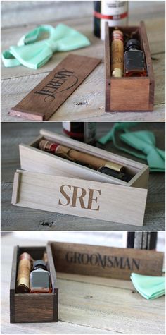 two pictures show the inside of a wooden box with wine bottles and corks in it