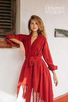 Fitted Long Sleeve Solid Robe, Fitted Long Sleeve Solid Color Robe, Chic Red V-neck Outerwear, Chic Long Sleeve Robe For Spring, Red V-neck Summer Outerwear, Chic Long Sleeve Spring Robe, Bohemian Red Long Sleeve Cardigan, Red Bohemian Long Sleeve Cardigan, Chic Long Sleeve Robe For Fall