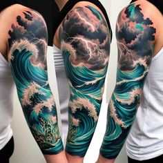 30 Gorgeous Ocean Sleeve Tattoos Ideas Sky Tattoo Sleeve, Wave Sleeve Tattoo, Tidal Wave Tattoo, Water Themed Tattoos, Wave Tattoo Sleeve, Ocean Themed Tattoos, Ocean Theme Tattoos, Sleeve Tattoos Ideas, Japanese Wave Tattoos