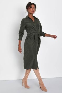 Green Suede Dress - Button-Up Midi Dress - Tie-Front Midi Dress - Lulus Olive Green Fall Dresses, Olive Green Long Sleeve Dress Casual, Olive Green Dress Casual Fall, Dresses With Boots Fall Midi, Olive Green Dress Jacket, Olive Green Suede Dress, Suede Green Dress, Green Suede Dress, Olive Green Shirt Dress