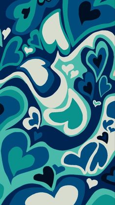 an abstract painting with hearts and waves in blue, white and green colors on a black background