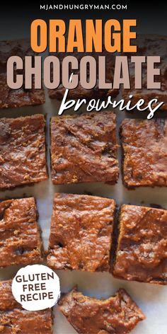 orange chocolate brownies are cut into squares and stacked on top of each other with text overlay