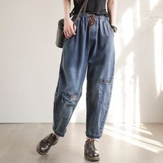 Details: Gender: Women Item Type: Jeans Material: Denim Season: Spring, Autumn Pattern: Patchwork Style: Casual, Loose, Retro Waist Type: Elastic Waist Size: M Waist: 66.00 - 90.00 cm/ 25.98 - 35.43 " Length: 90.00 cm/ 35.43 " Hip: 126.00 cm/ 49.61 " Thigh: 72.00 cm/ 28.35 " Bottom: 34.00 cm/ 13.39 " Size: L Waist: 70.00 - 94.00 cm/ 27.56 - 37.01 " Length: 91.00 cm/ 35.83 " Hip: 130.00 cm/ 51.18 " Thigh: 74.00 cm/ 29.13 " Bottom: 36.00 cm/ 14.17 " Size: XL Waist: 74.00 - 98.00 cm/ 29.13 - 38.58 " Length: 92.00 cm/ 36.22 " Hip: 134.00 cm/ 52.76 " Thigh: 76.00 cm/ 29.92 " Bottom: 38.00 cm/ 14.96 " Casual Denim Patchwork Pants, Casual Indigo Jeans For Spring, Spring Relaxed Fit Indigo Jeans, Casual Dark Wash Bottoms With Patchwork, Casual Denim Blue Patchwork Jeans, Casual Denim Blue Jeans With Patchwork, Patchwork Relaxed Fit Jeans For Spring, Spring Patchwork Relaxed Fit Jeans, Casual Relaxed Fit Patchwork Jeans