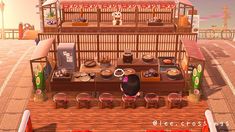 Acnh Ramen Design, Acnh Outside Restaurant, Ramen Restaurant Acnh, Ramen Stand Acnh, Ramen Stand Animal Crossing, Acnh Noodle Shop, Acnh Restaurant Outdoor, Pizza Shop Animal Crossing