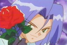 an anime character holding a red rose in her hand