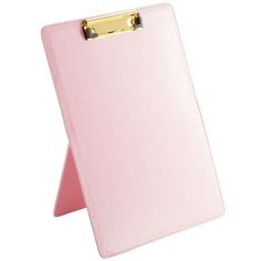 a pink clipboard with a gold handle