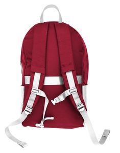 a red backpack with white straps on the front and back ends, sitting against a white background