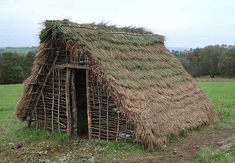 a straw hut with grass roof in the middle of a field