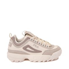 Womens Fila Disruptor 2 Premium Athletic Shoe - Gardenia / Silver Lining / Goat Sporty Cream Chunky Sneakers For Streetwear, Cream Chunky Sneakers For Streetwear, Fila Disruptor Outfit, Sneakers Neutral, Fila Disruptor 2, Fila Disruptor, Fila Disruptors, Athletic Shoe, Silver Lining