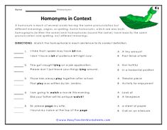 a worksheet with the words homonyns in text and an image of a leaf