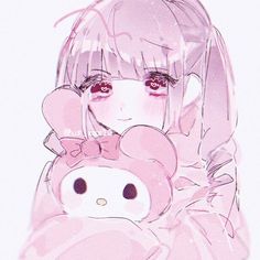 a drawing of a girl holding a teddy bear in her arms and looking at the camera