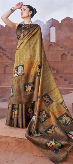 Beige and Brown color Saree in Tussar Silk fabric with Printed work Brown Color Saree, Traditional Saree, Traditional Sarees, Silk Fabric, Brown Color, Saree, Festival, Silk, Fabric