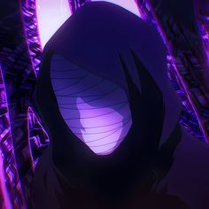 an anime character with his head turned to the side, in front of purple light