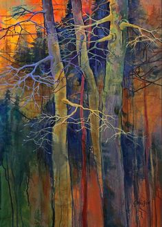 an abstract painting of trees in the woods at sunset with oranges and blue colors