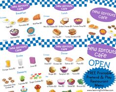 the menu for new sprouts cafe is shown in blue and white checkered