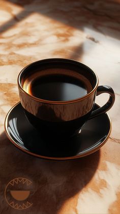 a cup of coffee sitting on top of a saucer next to a black plate