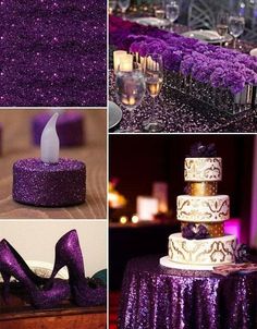 purple and gold wedding decor with high heel shoes, candle holders, and table cloth