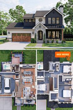 two story house plans with garage and living room in the middle, from top to bottom