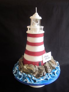 a red and white lighthouse on top of a blue base